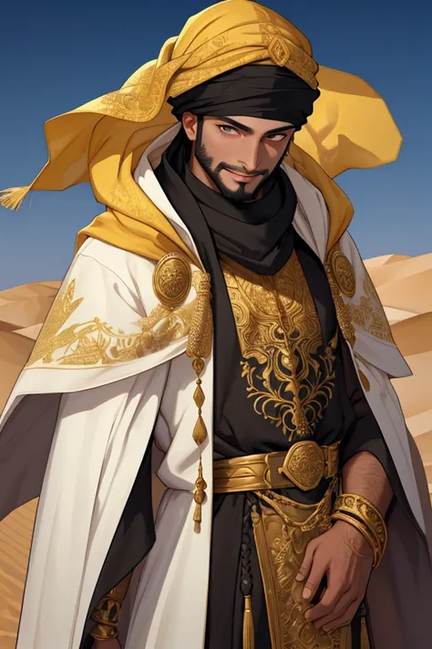 Arab man , Ornate turban , Men&#39;s embroidered cloak, Long scarf , muscles , golden elements, leading , يده من Other , Other, Strong body, Hazel eye , slight smile ,In the middle of the desert , High resolution , 8K Details ,
