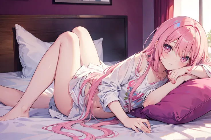 Anime girl with pink hair and pink eyes lying in bed, Cute girl with anime visuals, Today&#39;s Feature Anime Stills, smooth anime cg art, Young Anime Girl, Young woman anime visual, Soft anime illustration, Anime Best Girl, Gentle smile, guweiz on pixiv a...