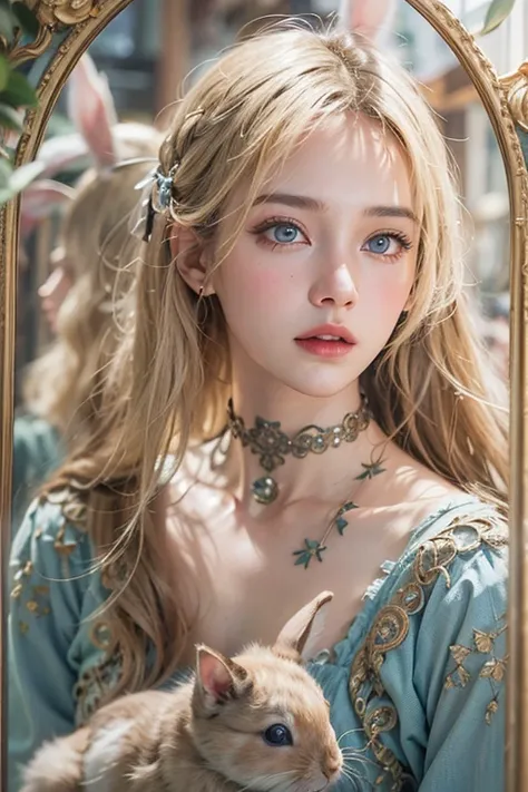 masterpiece: 1.2, Portraiture, Best Quality), Realistic, (live-action, Intricate details, Written boundary depth), Best Quality, masterpieceAttention to detail, semi-Realistic, In the city , blue eyes, blonde、 Slim figure、Shoulder Bare、Antique Bunny Girl、m...