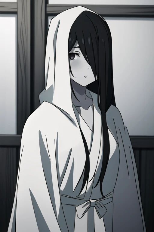 ((masterpiece)), (best quality), (absurdres), black hair, yamamura_sadako, white cape (white dress, black obi), (grey skin), hair over eyes, eyes covered, looking at viewer, cape, cape covering whole body