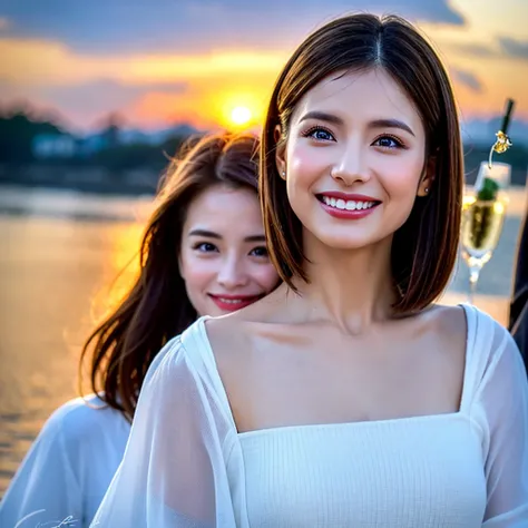 (Realistic, 超Realistic:1.4), 16K HDR, High resolution,(Wine Glasses),(Wine bottle),(Champagne glasses),Happy smile、short hair,The best smile、Japanese actress,so beautiful(It looks like the real thing),dress、red wine、White Wine、Sparkling wine、Slim couple、Mo...