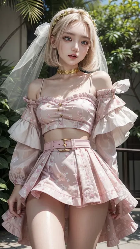 One beautiful girl、round face、Fair and lustrous skin、Her hair is platinum gold short bob.。Big eyes、Droopy eyes。Laugh with your mouth slightly open。The outfit is pink and white with a fine net and floral pattern.、The skirt is made of a lot of thin light gre...