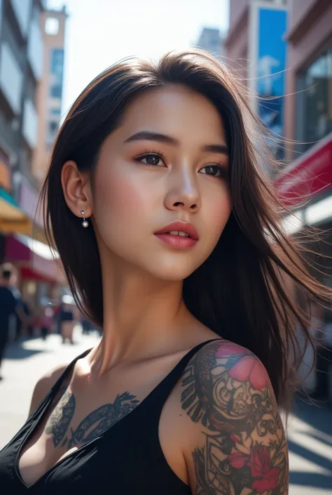 A stunning young korean woman with a bold tattoo on her arm, poses confidently against the vibrant backdrop of a bustling city. Her oval-shaped face is framed by a radiant glow, accentuating her frosty-pink lips and small earrings. Every detail, from the i...