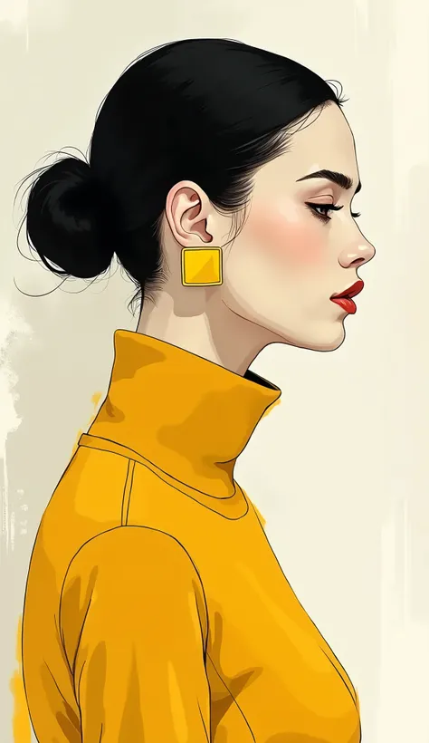 A side profile of a woman with a smooth, featureless face. She has a dark, pulled-back hairstyle and wears a large, square, yellow earring on her visible ear. The woman is dressed in a warm colored sweater. The background is a pale, almost white hue with s...