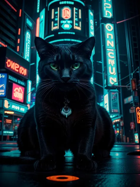 a big black cat in the futuristic cyberpunk neon tron world, cyberpunk city landscape, detailed intricate architecture, glowing ...