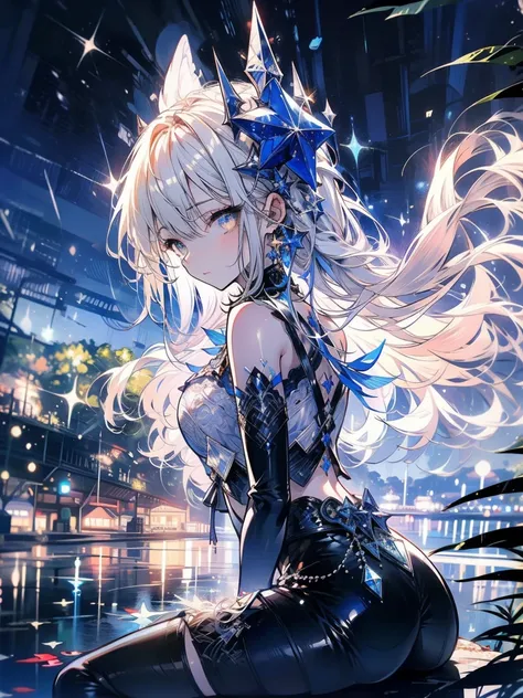 （（（Best Quality））））， official art， Highly detailed CG synthesis 8k wallpaper， （（sketch）））， night， rain， Beautifully detailed skies， Milky Way，star空の背景，Beautiful and delicate water， ， Angelic， Long Hair， I combed my blonde hair， Wet Hair， Eyes between the h...