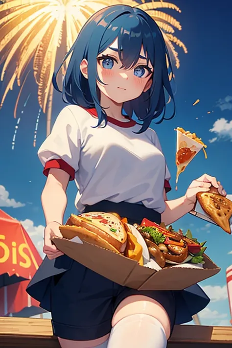 food, fireworks, eating, :t, solo, blush, french fries, hair between eyes, burger, blue eyes, shirt, thighhighs, gym uniform, shorts, day, blue sky, blue hair, sky, white shirt, holding food, feet out of frame, short sleeves, bangs, 1girl, looking at viewe...