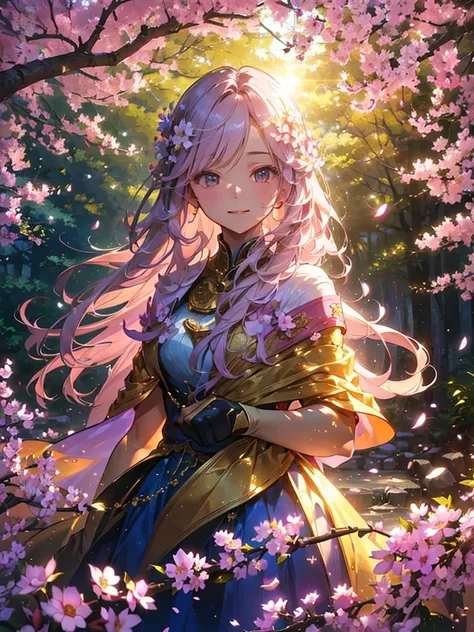 1girl,(((The best composition、Best Quality、Masterpiece、Super detailed、High definition、Depth of subject、Golden Ratio、Handsome face)))、Simple Background、Nature Illustration、Movie Light Effects、32K、HHD、Clear lines、High Sharpness、🌸Petals of、Light pink hair、Str...