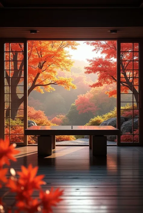 Best Quality、High image quality、4K、Autumn leaves all around、View from inside a Japanese-style room looking outside、The Japanese-style room is dark and only the outside view is visible.、There is a large desk in the center of the Japanese-style room.、The des...