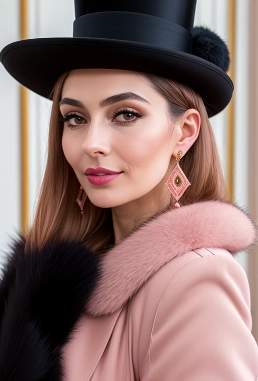 a close up of a woman wearing a Salmon Pink hat and earrings, sleek dark fur, Salmon Pink Fur, Russian style, very beautiful fur, fine fur, Dasha Taran, dark fur, Fur details, top hat, Anastasia Ovchinnikova, Salmon Pink hat, synthetic fur, Elena Belova, w...