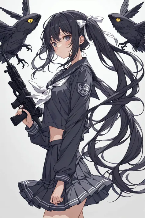 High resolution, 8k, best quality, masterpiece, ultra detailed, anatomically correct, masterpice anime, hentai, game title image,
1girl, walking, holding a MP5 submachine gun, 15yo, curiosity face,
(black hair, white ribbons long (low:1.2) tiwntails:1.2), ...