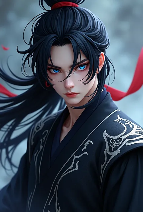 Full body image, handsome young protagonist xianxia,long black hair,red long ribbon tied on hair,handsome face,dark blue eyes((make blue color more darker and darker))villain aura menacing,use  black  clothes,clothes style like demon god,and silver pattern...