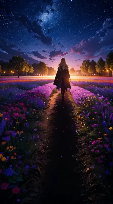 １people々,Blonde long hair woman，Long coat， Dress Silhouette， Rear View，Universe ，Flower Field，night，moon，Colorful flowers