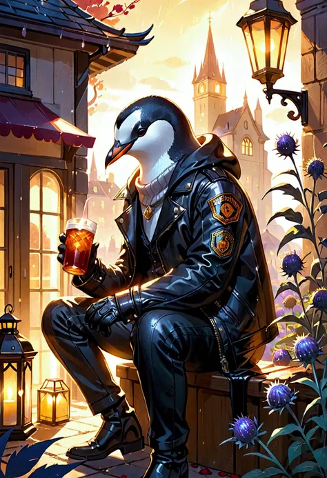 Closeup, An extremely badass penguin wearing an insanely cool black leather Harley Davidson biker jacket open, black leather biker gloves, black leather biker pants, sitting amidst autumnal Scottish thistles, golden sunlight filtering through the scene, ol...