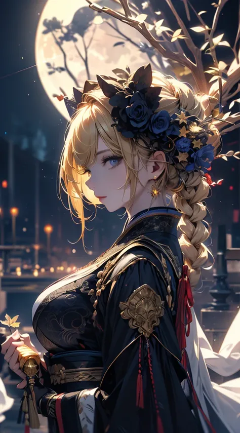 masterpiece high quality, 4K, Beautiful design, silhouette，blonde， 非常に詳細な夜のStarry Sky,Beautiful gardens, Subtle details,  Very knowledgeable woman, Highly detailed solo female,Big Breasts，Gothic Fashion，Night view，Starry Sky，full moon，