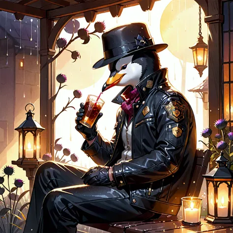 Closeup, An extremely badass penguin wearing an insanely cool black leather Harley Davidson biker jacket open, black fedora, black leather biker gloves, black leather biker pants, sitting amidst autumnal Scottish thistles, golden sunlight filtering through...