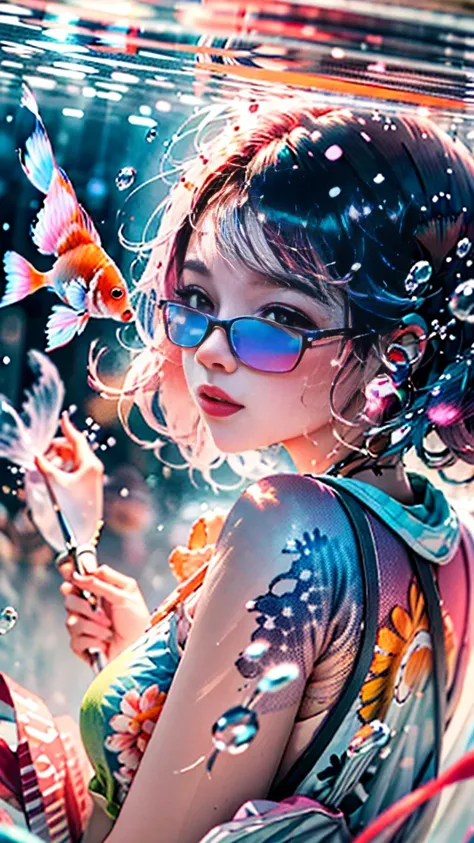 Strong backlight，Q version digital CG，minimalist color block，Transparent powder pure white fluorescent powder watercolor，Ethereal, beautiful and dreamy，mute，A super cute pink and blue girl playing with goldfish，Giant pink-blue goldfish surround her，Water s...