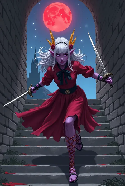 (Ultra-detailed face, Looking away, Fantasy Illustration with Gothic, Dark tone colors, View from below), BREAK 
(The dark elf woman runs down the stairs from the walled corridor of the old castle in a bold pose and with great aplomb. She holds two shining...