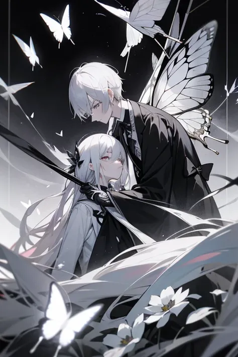 male、adult、Slender、ephemeral、melancholy、Watching Death、Mourning、stare、Black and White、White butterfly、Black Flower、Fluttering、Rapier、Black chest coat、Faded Memories