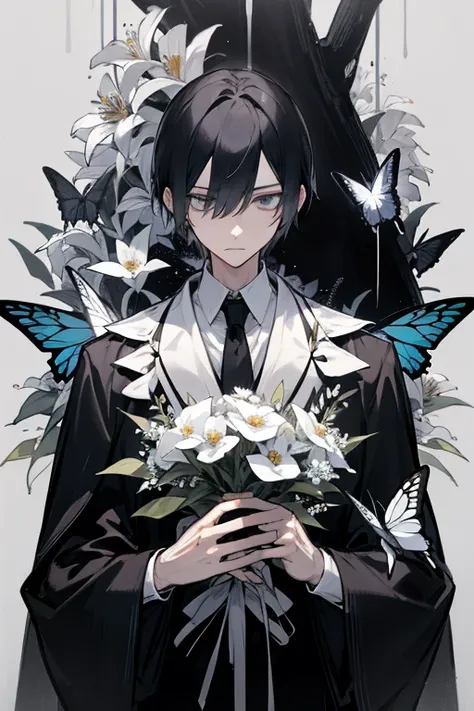 male、adult、Slender、ephemeral、melancholy、Watching Death、Mourning、stare、Black and White、White butterfly、Black Flower、Fluttering、Rapier、Black chest coat、Faded Memories