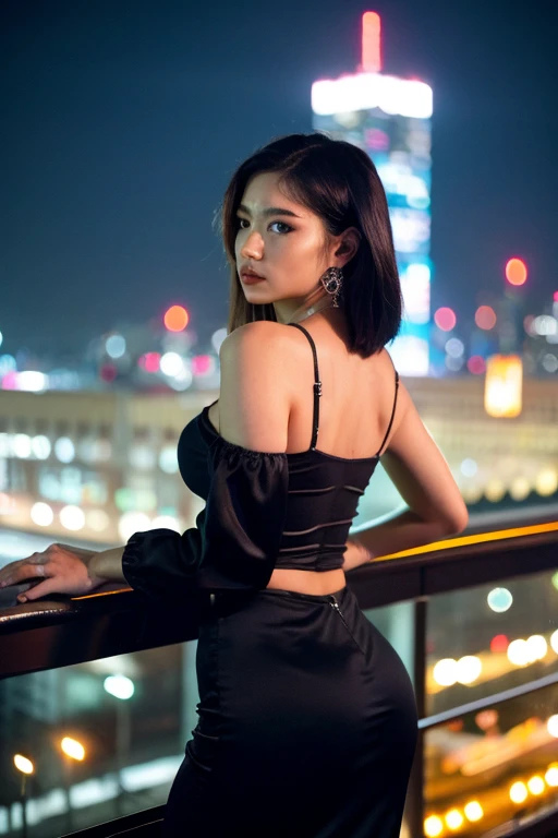 ((best quality)), ((masterpiece)), (Cinematic Aesthetic:1.4) Photo of a beautiful hip-hop fashion model bokeh city night