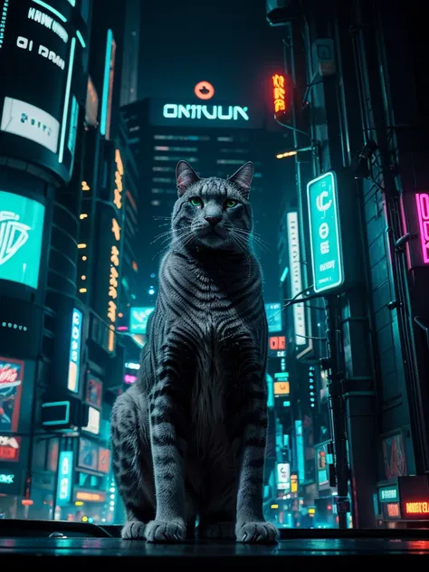 a close-up picture of a big grey cat in the futuristic cyberpunk neon tron world, cyberpunk city landscape, detailed intricate a...