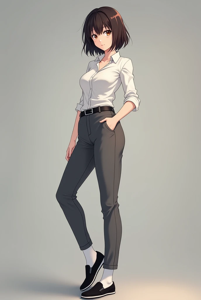 1 Female Amber eyes.
Fit, slightly pumped up, thin waist, Height 170 cm.
Dark Brown Hair Hairstyle: Shaggy bob Wears a white shirt, gray women&#39;s trousers with a black belt emphasizing her waist, black slip-ons, white socks.
sight: calm, the corners of ...