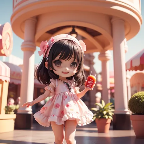 Cute BabiesChibiAnime,(((chibi 3d))) (Best Quality) (Master Price)、Chibi Model、little floral dress、Beautiful jewel-like black hair　The background is a bustling amusement park on a bright day.　Holding juice in hand　Detailed face、Big smile