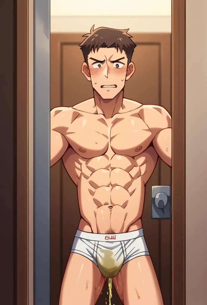 In front of door, 20 years old, young slender and mascular man in his tighty whities. White briefs. Classic briefs. Six pack muscle, he is peeing himself. Theres a large pee wet spot on the area of his crotch. Pee stain on his crotch. he is ashamed of hims...