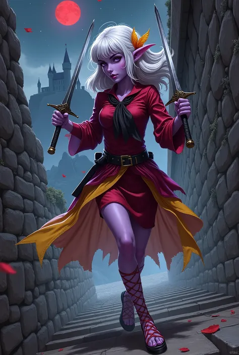 (Ultra-detailed face, Looking away, Fantasy Illustration with Gothic, Dark tone colors, View from below), BREAK 
(The dark elf woman runs down the stairs from the walled corridor of the old castle in a bold pose and with great aplomb. She holds two shining...