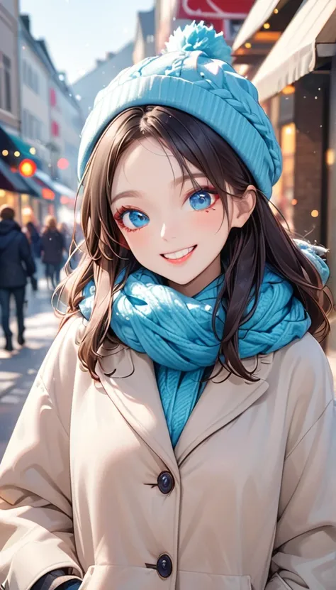 highly detailed face, ((Blue eyes)), pretty girl, bright colors, Soft natural light, Bokeh effect. winter clothing, perfect makeup, professional photography, Street Photography, bright colors, (Smile, laughter), 