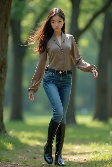 Korean girl in horse riding costume dancing seductively, long boots, long blue jeans, black belt in the park