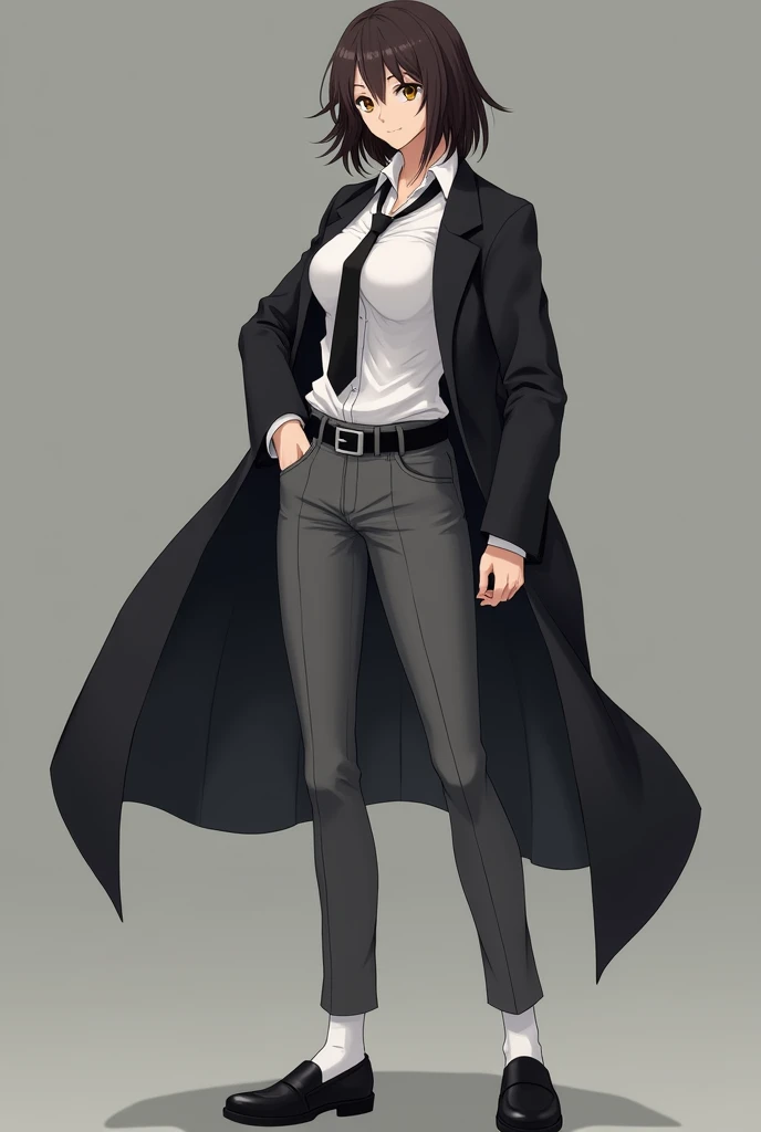 1 Female Amber eyes.
Fit, slightly pumped up, thin waist, Height 170 cm, 2 breast size Dark brown hair Hairstyle: Shaggy bob Wears a white shirt, black tie, gray women&#39;s trousers with a black belt emphasizing her waist, black slip-ons, white socks, big...