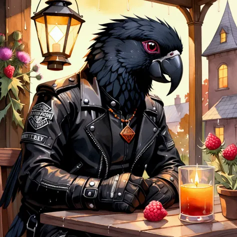 Closeup, An extremely badass anthropomorphic black parrot wearing an insanely cool black leather Harley Davidson biker jacket open, black leather biker gloves, black leather biker pants, sitting amidst autumnal Scottish thistles, golden sunlight filtering ...