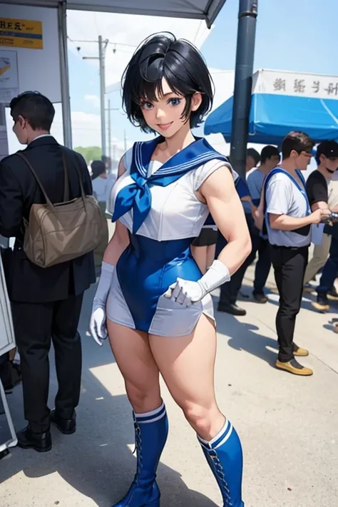 A short-haired, black-haired, muscular mature woman dressed as Sailor Mercury wearing white gloves and blue boots　smile　Comiket