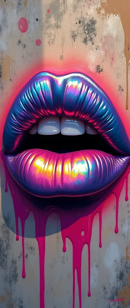 Generate me a work of art of some lips in the form of graffiti in iridescent colors 