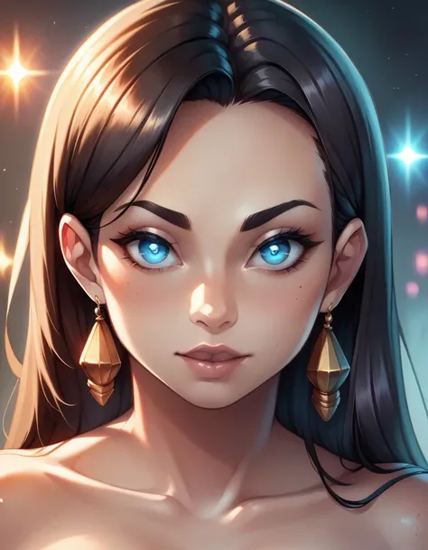 A stunningly beautiful woman with pale skin and dark hair gazes intensely at the viewer, her clear blue eyes captivating. The cinematic, fantasy-inspired scene is captured in a dynamic, hyperrealistic macro shot, showcasing exquisite hand-painted details a...