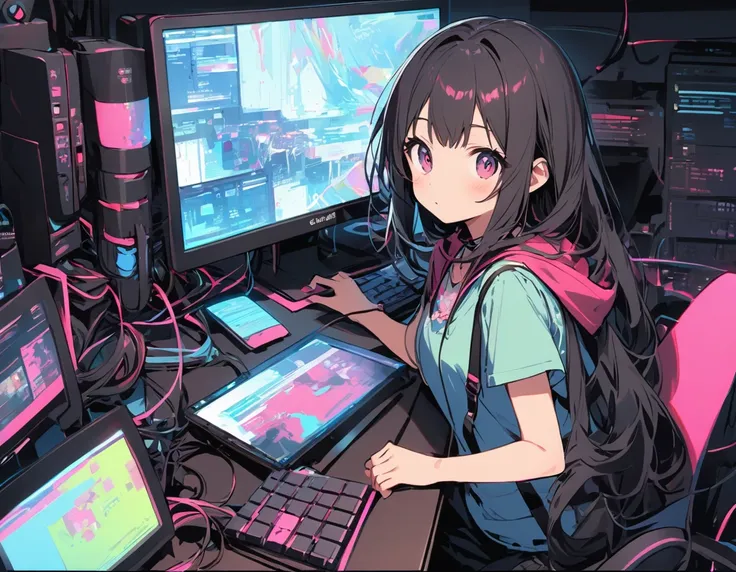 computer display, girl in computer display, 