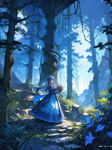 Artwork, Best Quality, Marianne_Passage of time, Blue Dress, Chapel, Dark alpine forest, standing, night, Looking Up, Tronco, detailed face 