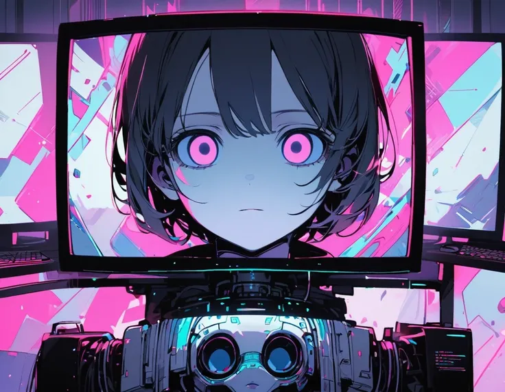 computer display, girl in computer display, (point of viewer), (expressionless face, ), ( empty eyes, ), (closeup of face), (looking at viewer), cybernetic 