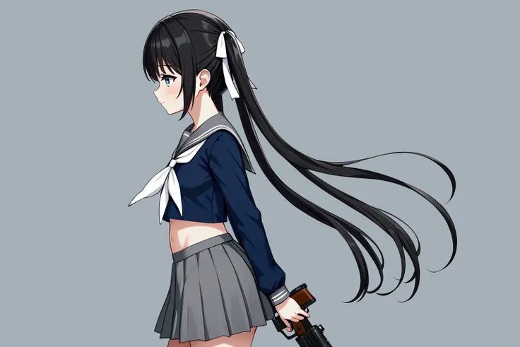 High resolution, 8k, best quality, masterpiece, ultra detailed, anatomically correct, masterpice anime, hentai, game title image,
1girl, standing, stretch out her arm inf front, holding a MP5 submachine gun, 15yo, curiosity face,
(black hair, white ribbons...