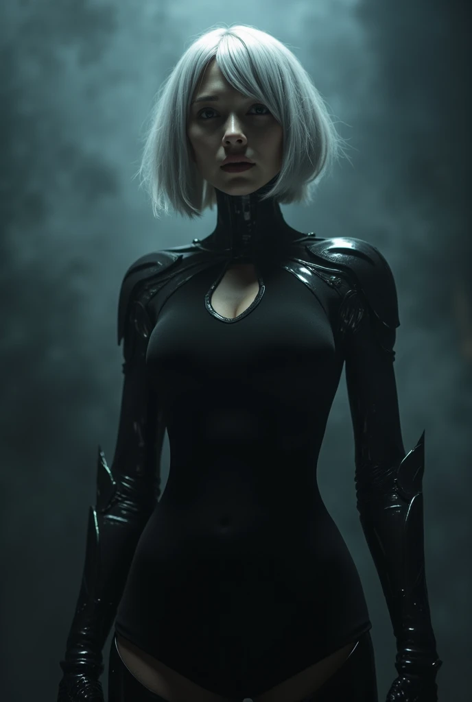 1 woman, solo, yorha_no._2_type_b, short white hair, mole under mouth, black dress, standing, facing the viewer, face full of fear, in pain, wide angle full body shot, detailed realistic rendering, dramatic lighting, cinematic composition, highly detailed,...