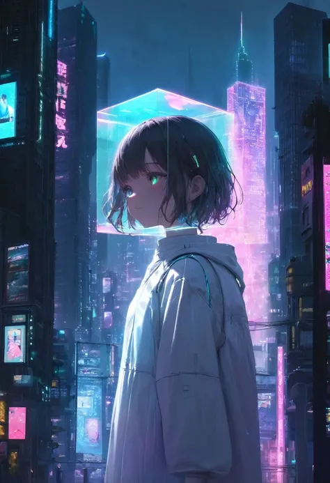 (masterpiece, best quality),(futuristic technology hologram),A hologram of a girl is projected in the center of the square.,tween,kawaii,japanese-anime girl,wearing white onepiece dress,detailed face,melancholy expression,pale light, neon light, Cyberpunk ...