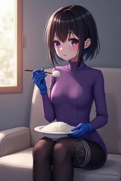 Beautiful girl wearing black leggings with white stripes, stockings, purple tight long-sleeved shirt, and blue evening gloves is eating rice.