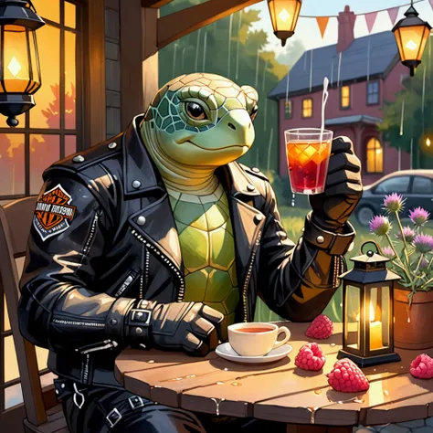 Closeup, An extremely badass anthropomorphic green sea turtle wearing an insanely cool black leather Harley Davidson biker jacket open, black leather biker gloves, black leather biker pants, sitting amidst autumnal Scottish thistles, golden sunlight filter...