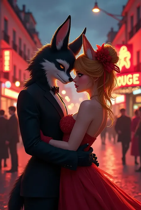 top quality, highres, High-quality illustrations, unparalleled masterpiece, arafed image of a couple in a city street at night, furry, anthro, kemono, moulin rouge, moulin rouge, movie artwork, concept art of love, movie art, movie poster painting, bestsel...