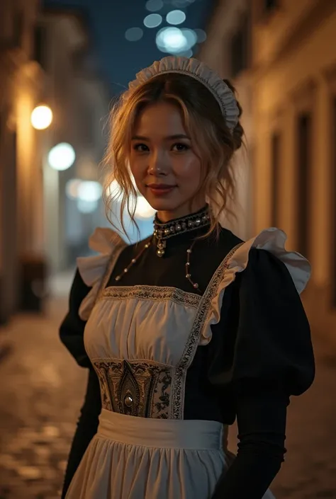 masterpiece, highest quality, 8k high quality photo, cinematic lighting, deep shadow, 1girl, wearing maid dress, gorgeous face, fearless smile, smooth soft parl skin, light-blown medium wavy hair, looking into camera, (standing on european street), model p...