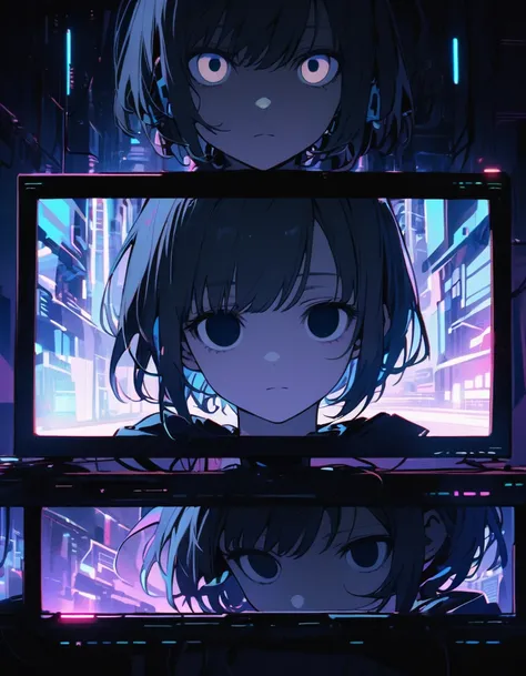 computer display, girl in computer display, (point of viewer), (expressionless face, ), ( empty eyes, ), (closeup of face), (looking at viewer), cybernetic , japanese, (cinematic lighting), 