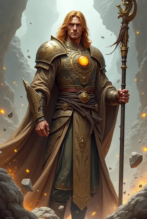 anime, 30 y man, mid length chesnut hair, wearing a brown magician robe with stone and earth symbols, a bronze metal plate armor on the robe, an ocher glowing stone on the armor, metal belt, ((wear long claw cestus in left hand)), magical staff in right ha...