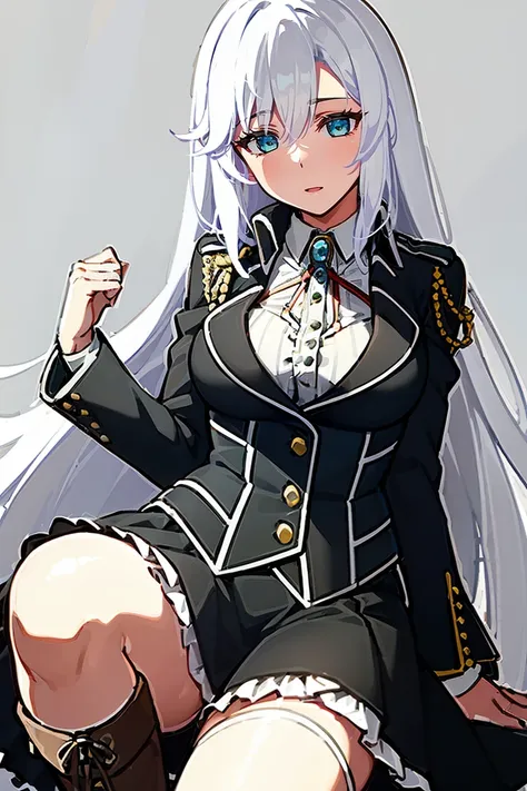 1girl la folia rihavein white hair, military uniform white shirt black skirt brooch, bare thighs, blue eyes, whitely silver hair...